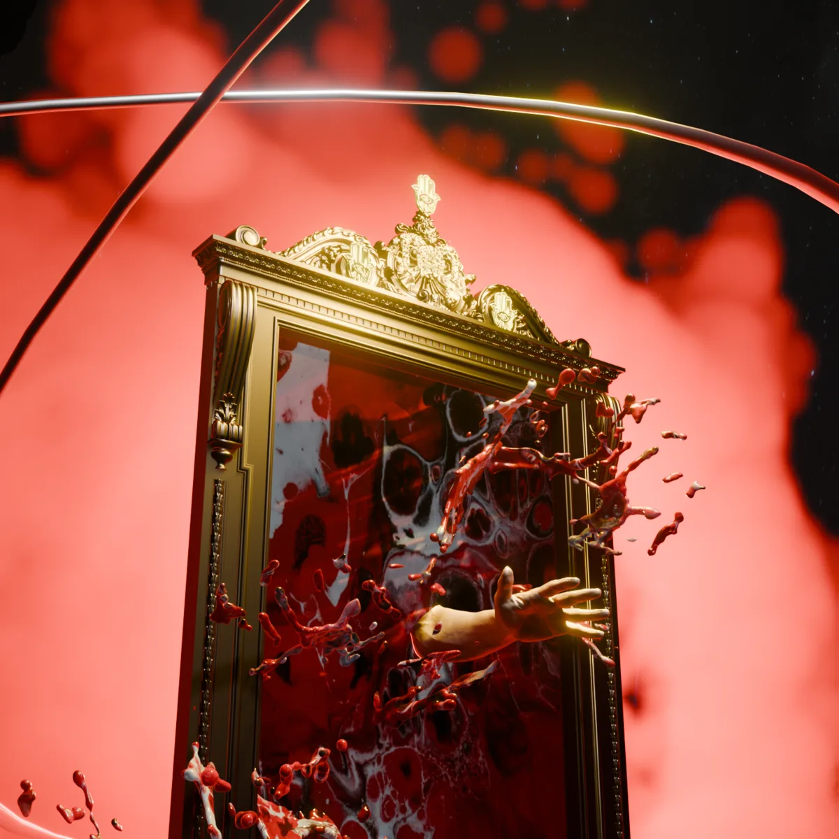 SAGA I: NEUTRA 3D scene with gold portal and red fluid